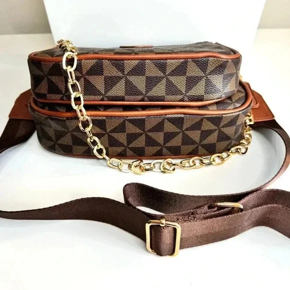 Designer Style Monogram Crossbody Bag Brown Gold Chain NWT - Picture 8 of 13